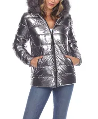 ホワイトマーク レディース アウター ジャケット・ブルゾン トール コート パーカー White Mark Womens Metallic Puffer Coat With Hoodie Navy ネイビー