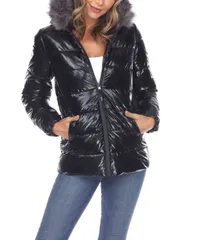 ホワイトマーク レディース アウター ジャケット・ブルゾン トール コート パーカー White Mark Womens Metallic Puffer Coat With Hoodie Black ブラック