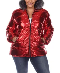 ホワイトマーク レディース アウター ジャケット・ブルゾン プラスサイズ トール コート パーカー White Mark Plus Size Metallic Puffer Coat with Hoodie Red レッド