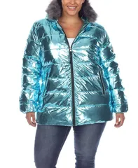 ホワイトマーク レディース アウター ジャケット・ブルゾン プラスサイズ トール コート パーカー White Mark Plus Size Metallic Puffer Coat with Hoodie Mint ミント
