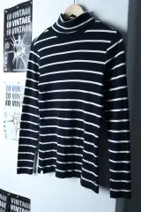 W(S-M) トミーヒルフィガー 長袖Tシャツ タートルネック ストライプ ネイビー-1751F