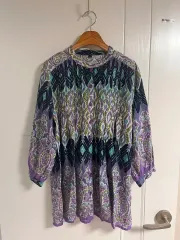 （日本ヴィンテージ）シャツブラウス 綿100％ ノーカラー トップス Long L