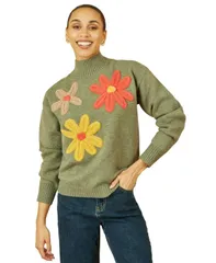 ユミキム レディース アウター ニット・セーター ハイネック フラワー柄 セーター ニット フラワー Yumi Womens Floral Detail High Neck Knit Sweater Green グリーンのサムネイル