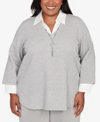 アルフレッド ダナー レディース トップス シャツ プラスサイズ レース Alfred Dunner Plus Size Stockbridge Diamond Jacquard Two In One Top With Necklace Pewter ピュータ