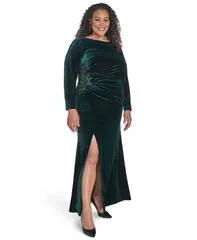 エリザジェイ レディース トップス ワンピース プラスサイズ ギャザー Eliza J Plus Size Side Ruched Jewel Neck Long Gown Hunter