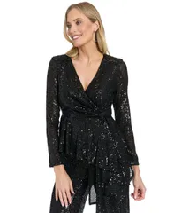 ミューズ レディース トップス シャツ Muse Womens Long Sleeve Faux Twist Wrap Top Black ブラックのサムネイル