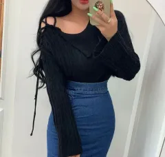 ショルダー ストラップ ブラック ニット 長袖Tシャツ