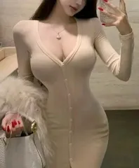 新品/入荷準備 セクシー ボタン ゴージ ロング丈ワンピース ミディルック