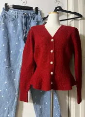 レッド Vネック パールカーディガン