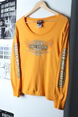 W(L-XL) ハーレーダビッドソン 長袖Tシャツ ビックロゴ レタリング 黄-17548