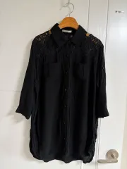(日本 ヴィンテージ) レース ブラック シャツ ブラウス ロールアップ レーヨン とろみ素材 L