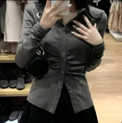 シャーリング スリムフィット ブラウス 長袖 シャツ