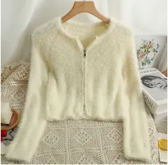 アイボリーファー クロップド ジップアップ カーディガン