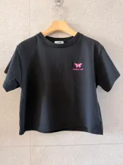 蝶刺繍 ブラック 半袖 クロップド Tシャツ