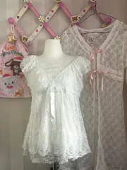 ヴィンテージ ラブリー コーディネートセット レース シースルー 白 アイボリー ブラウス ローブ カーディガン スリップ