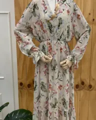 フラワーシフォンワンピース Vネック ウエストゴム ロング丈ワンピース