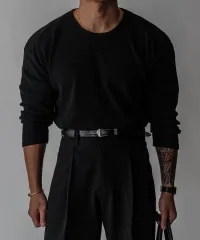 ブラック ワッフル 長袖 Tシャツ FREE