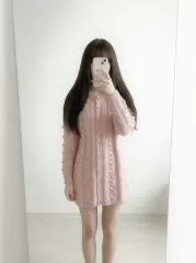 ヴィンテージ ぬいぐるみ ぬいぐるみ ライトピンク ケーブル編み ボタン ロング ニットカーディガン ONE PIECE