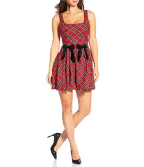 シュガーリップス レディース トップス ワンピース プリント ベルベット Sugarlips Plaid Print Square Neck Velvet Bow Bubble Hem Fit Flare Dress Red Multi レッド