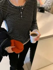 LIKE YOU ピーチ ストライプ ヘンリーネック 長袖Tシャツ ブラック