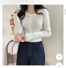 ケーブル編み クロップド ニット カーディガン 白