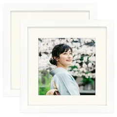【新品】 フォトフレーム 正方形 15角 木製額縁 2枚セット ウッドフォトフレーム 写真立て 壁掛け 卓上 両用 マット紙付き プレゼント ホワイト 1