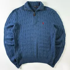 Polo ポロ ラルフローレン 刺繍 シルク ブルー ケーブル編み ハーフジップ ニット