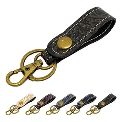 【新品】 [leo&aoi] 本革 キーリング バッグチャーム キーホルダー スナップボタン ベルト式 本革キーリング 牛革 レザー 鍵 カギ レディース メンズ 型押し ペイズリー柄 ブラック