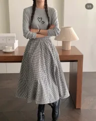 ギンガムチェック フレア ロング スカート - ブラック