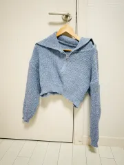 ハーフジップアップ クロップド ニット ライトブルー フリーサイズ