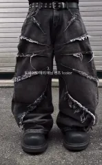 ブラック ダメージ デニム ワイド パンツ