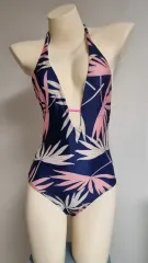 ネイビー ピンク 葉っぱ パータン ONE PIECE 水着 s