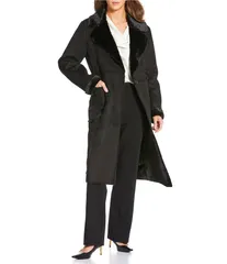 ダナキャラン レディース アウター コート Donna Karan Faux Shearling Notch Collar Belted Button Front Wrap Coat Black ブラのサムネイル