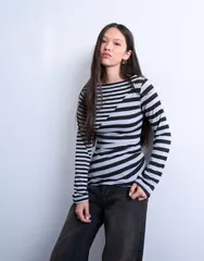 トップショップ レディース トップス Tシャツ ギャザー コントラスト Topshop contrast stripes ruched long sleeve top Grayblack ブラック