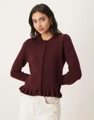 マンゴ レディース アウター カーディガン Mango cardigan with peplum hem Burgundy バーガンディのサムネイル