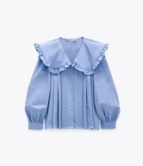 新品 ZARA ザラ ピーターパンカラー ポプリン ブラウス ベイビーブルー XS