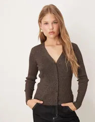 マンゴ レディース アウター カーディガン Vネック リブ Mango vneck ribbed cardigan in speckled BROWN ブラウンのサムネイル