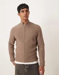 マンゴ メンズ アウター カーディガン リブ ウール ニット Mango wool blend ribbed knit cardigan in camel CAMEL キャメル