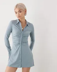 モンキ レディース トップス ワンピース ミニワンピース ギャザー ミニ Monki ruched front long sleeve mini dress in mint Gray グレー