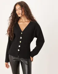 マンゴ レディース アウター ジャケット・ブルゾン ニット ジャケット Mango compact knit jacket with statement buttons Black ブラックのサムネイル