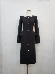 春新商品 パール ボタン ブラック ロング ワンピースS