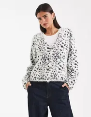コルージョン レディース アウター カーディガン ニット COLLUSION fluffy snow leopard knit cardi Snow Leopard アニマル