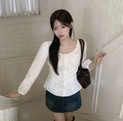 Dayroze リー リボン パフ ピンタック 長袖 ブラウス