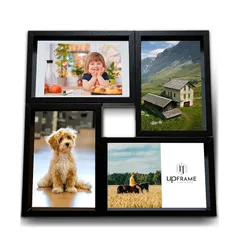 【新品】 upFRAME 写真立て ウッド モノクロ 複数枚 多面 4面 コラージュ はがきサイズ10cm×15cm対応 アート フォトフレーム 木製 おしゃれ シンプル 4枚 壁掛け 卓上 併用 (1, 黒) 0