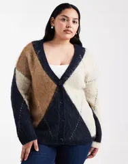オンリーカーブ レディース アウター カーディガン ONLY Curve oversized fluffy cardigan argyle NAVY ネイビー