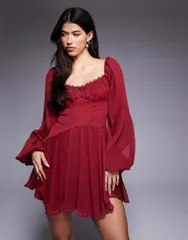 エイソス レディース トップス ワンピース シフォン ミニ レース ASOS DESIGN puff sleeve chiffon lace up mini skater dress Burgundy バーガンディ