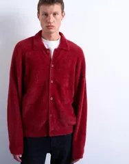 トップマン メンズ トップス ポロシャツ カーディガン ニット Topman fluffy knit cardigan Burgundy バーガンディのサムネイル