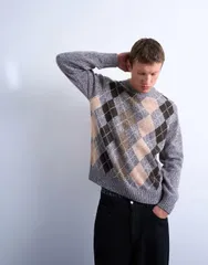 トップマン メンズ アウター ニット・セーター クルーネック セーター ニット Topman argyle knit crew neck sweater BROWN ブラウンのサムネイル