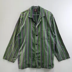 ヴィンテージ ルームウェア グリーン パープル ストライプ パジャマ セット L