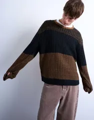 トップマン メンズ アウター ニット・セーター オーバーサイズフィット セーター Topman oversized fit color block striped sweater BROWN ブラウン